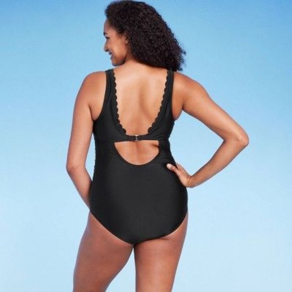 Women's Grommet Scallop Full Coverage One Piece Swimsuit - Kona Sol Black M - Picture 3 of 5